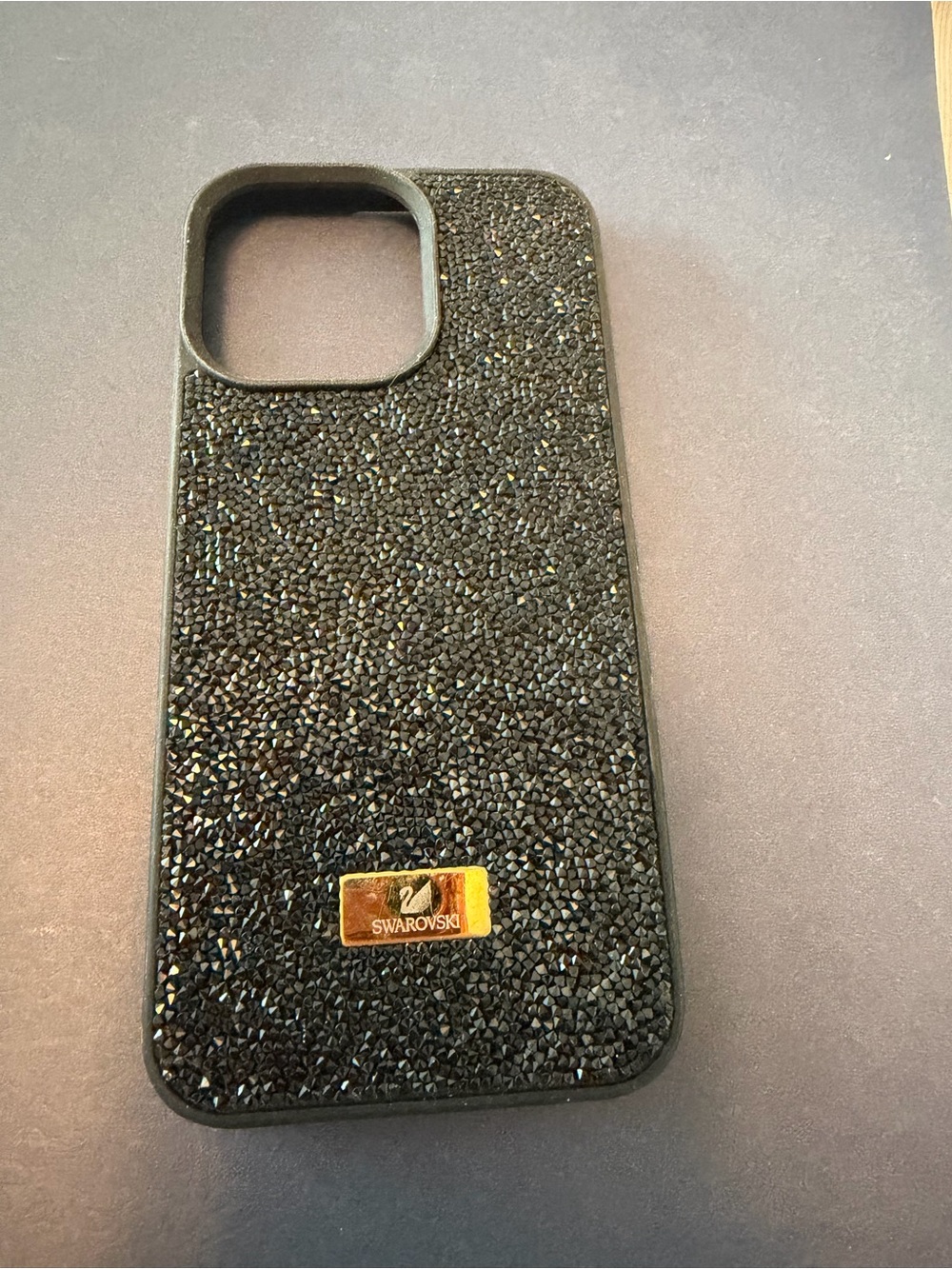 Swarovski Black Crystal Phone Case with Gold Logo Plaque 15 pro max